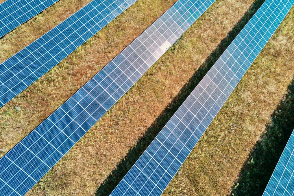 row of solar panels in the field solar battery farm aerial view alternative renewable energy concept t20 BambjZ This New Material Made from Crop Waste Could Rewrite the Rules for Solar Power. Here’s How